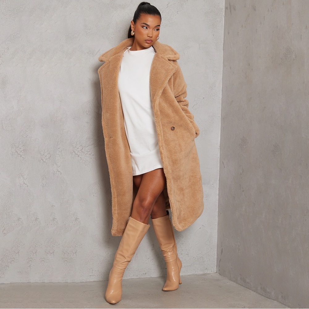PrettyLittleThing Camel Teddy Bear Borg Coat